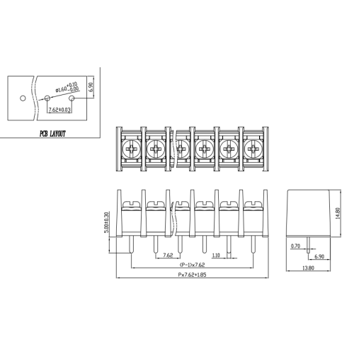 7.62mmピッチフェンスタイプPCB端子ブロックコネクタ